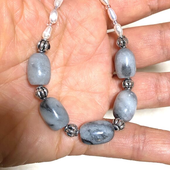 Genuine Grey Anhydrite & White Freshwater Pearl Choker, Beaded Natural Gemstones - Picture 13 of 13